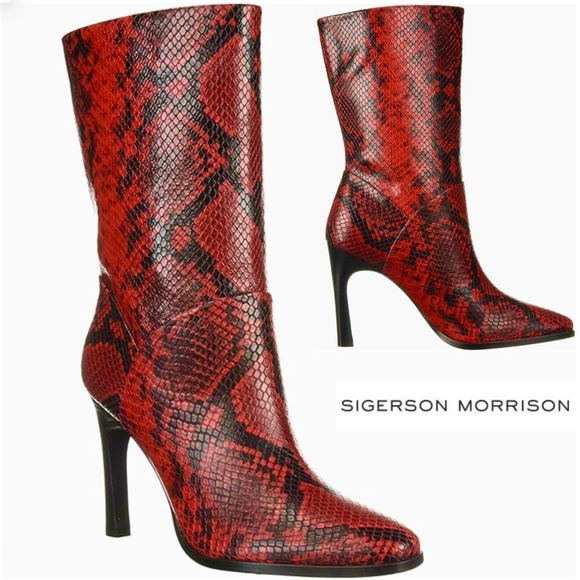 Sigerson Morrison Kiona Fashion Boots, Black Red Snake Print Leather Booties 37 - Picture 2 of 9